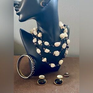 Vintage White/Cream Gemstone 50” Necklace, Hinged Bracelet, 2 pair earrings